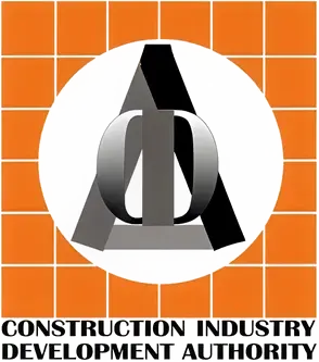 Logo for the Construction Industry Development Authority (CIDA) of Sri Lanka, featuring geometric shapes on an orange grid background.