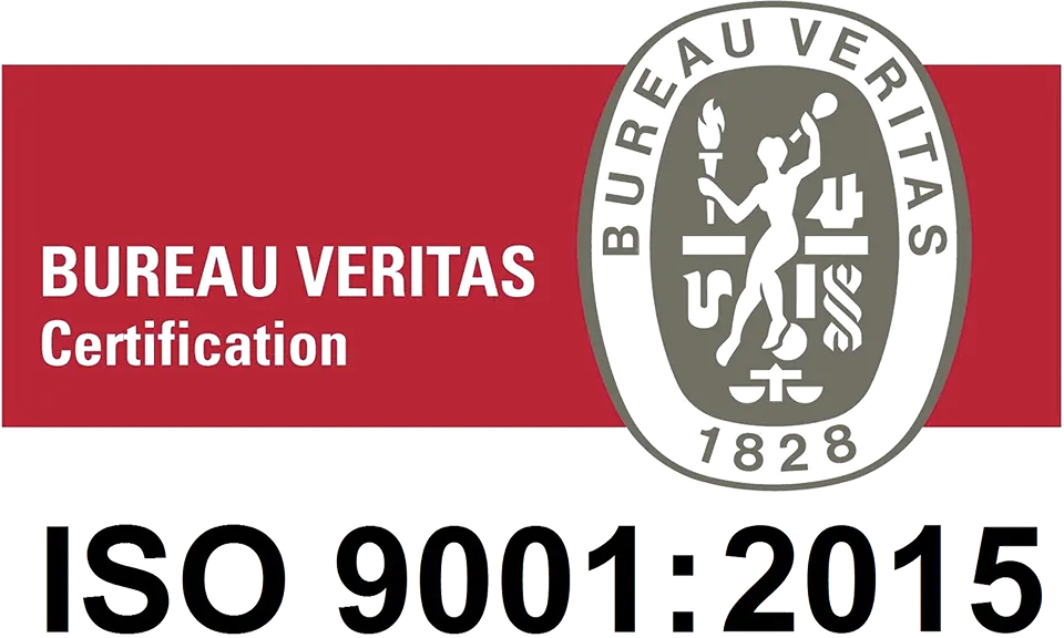 Bureau Veritas Certification logo next to the text "ISO 9001:2015," signifying a quality management system.